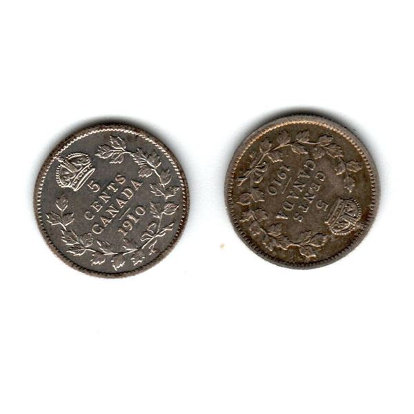 Canada 5 Cents Silver, Lot of 2 coins, 1910 Pointed Leaves & Round Leaves, EF