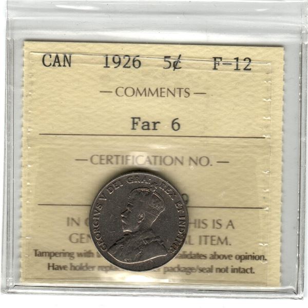 Canada 5 Cents Nickel 1926 Far 6 ICCS F-12