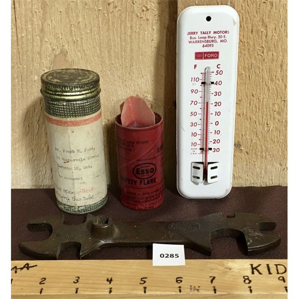 LOT OF 3 - FORD THERMOMETER, AIRCO MULTITOOL AND ESSO SAFETY FLARE