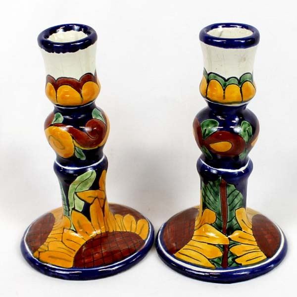 2 Mexican Glazed Pottery Candlestick Holders
