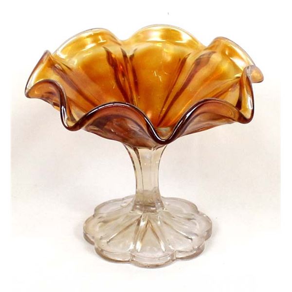 Vintage Carnival Glass Ruffled Rim Pedestal Bowl