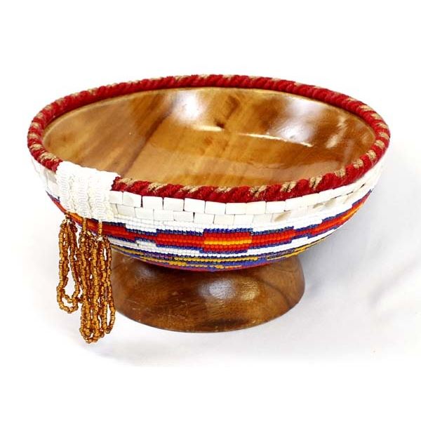 Hand Beaded Wood Pedestal Bowl by Kills Thunder