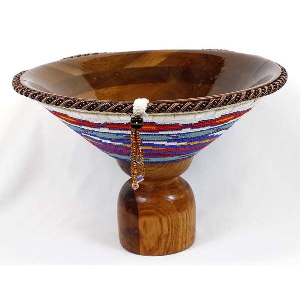 Large Hand Beaded Wood Pedestal Bowl