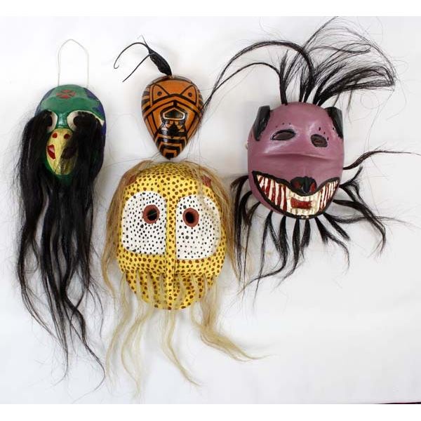 3 African Carved Wood Masks & 1 Gourd Mask