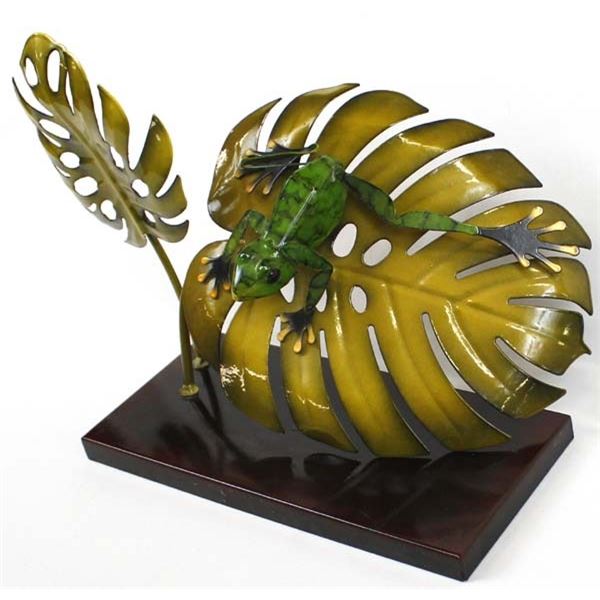 Metal Art Frog on Tropical Palm Leaves
