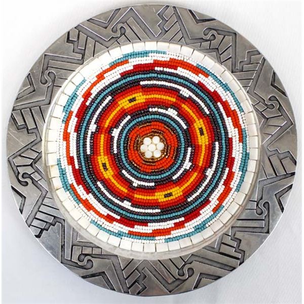 Hand Beaded Wilton Pewter Platter, Kills Thunder
