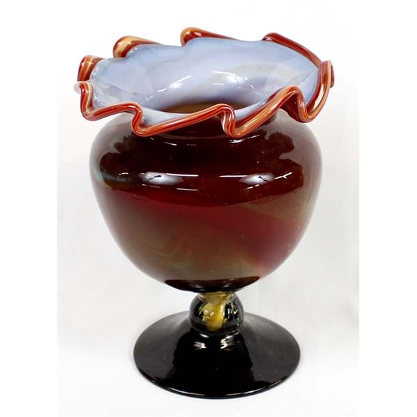 Antique Art Glass Pedestal Vase with Ruffled Rim