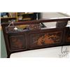 Image 2 : Antique Chinese opium bed with carved figural and floral panels, upholstered seat and pillow back, n