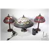 Image 1 : A pair of leaded glass dragonfly motif small table lamps and a Tiffany style leaded glass ceiling fi