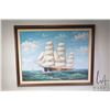 Image 1 : Framed oil on canvas painting of a tall ship, signed by artist Dawson, 29" X 25"