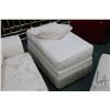 Image 2 : Semi contemporary cream and white upholstered love seat by Carleton House plus a rope fringed ottoma