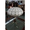 Image 1 : Antique brass tri-footed electric table lamp with leaded slag glass mushroom top 20" shade,