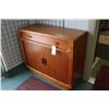 Image 1 : Mid century modern teak console with single drawer and two sliding rolling doors, approximately 36" 