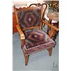 Image 1 : Pair of oak framed open arm Dutch side chairs with woven carpet style upholstery and one throw pillo