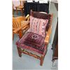 Image 1 : Pair of oak framed open arm Dutch side chairs with woven carpet style upholstery and two throw pillo