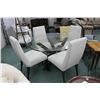 Image 1 : Modern glass topped dining table on bent wood supports 48" round, with four upholstered wood framed 