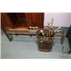 Image 1 : Vintage brass fireplace fender 45" wide and a lion head motif kindling pail with companion set