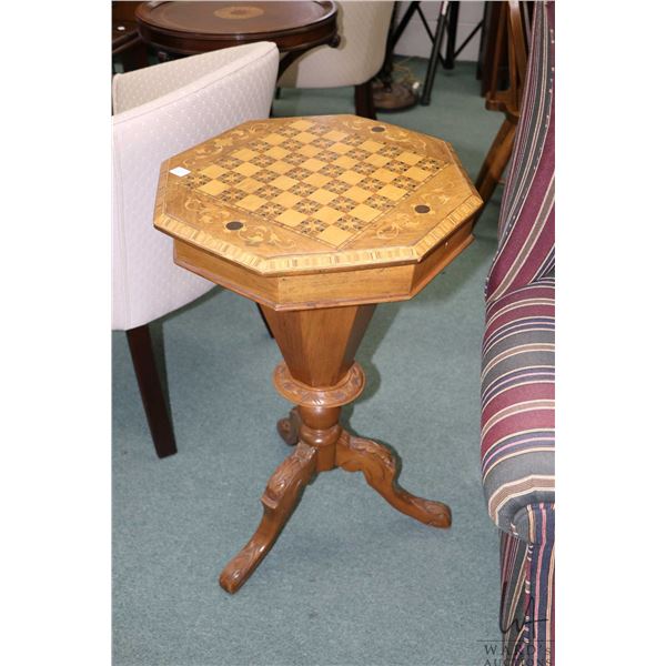 Antique Victorian trumpet sewing table with checkerboard marquetry top, inlaid decoration and carved