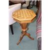 Image 1 : Antique Victorian trumpet sewing table with checkerboard marquetry top, inlaid decoration and carved