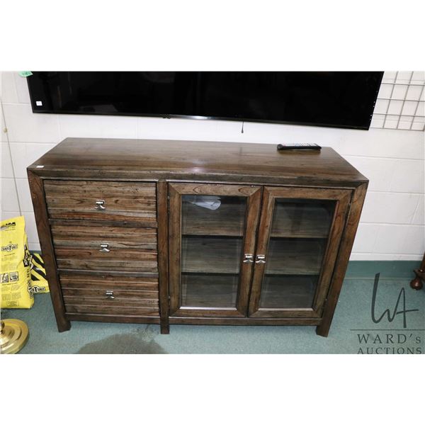 Three drawer console with two glazed door section made by Kincaid, 35" X 54"