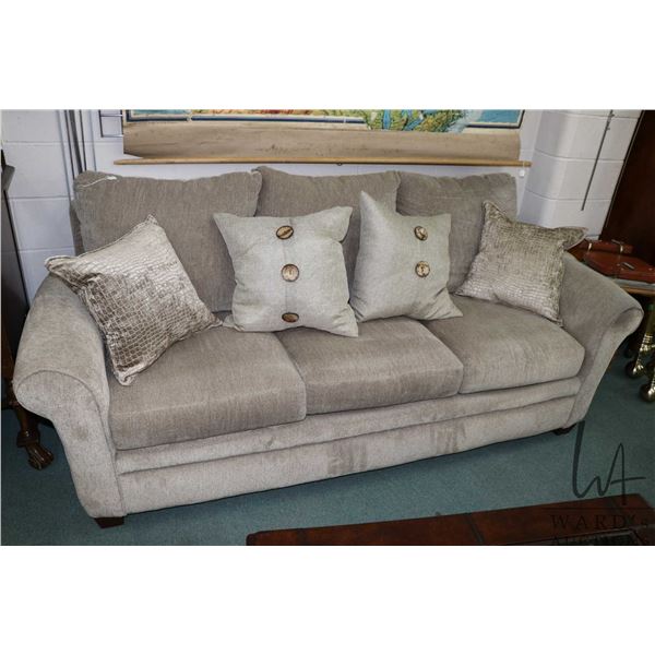 Modern La-Z-boy full size sofa with throw pillows, left seat and arm shows use, see photos