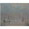 Image 2 : Gilt framed oil on canvas painting of a commercial boats and buoy under a cloudy sky and signed by a