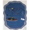 Image 2 : Framed Inuit wool felt applique picture of a seal hunter in a kayak, initialed by artist 18" X 16" i