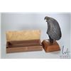 Image 2 : Cast bronze eagle head statue on wooden plinth, 9 1/2" in height and a yellow cedar and black walnut