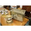 Image 1 : Ship motif brass bound bas relief kindling box and a brass and brass spittoon with porcelain liner