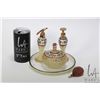 Image 1 : Hand painted antique Edwardian dresser set including yellow satin glass hand painted dresser jar, tr