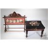 Image 1 : Antique hand carved and needlework wall mount towel rack and a small needlework foot stool
