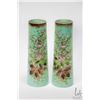 Image 1 : Pair of 10" antique green Bristol glass vase with hand painted flowers