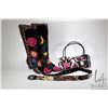 Image 1 : Pair of leather lined crewel needlework ladies boots with matching purse and belt, no designer name 