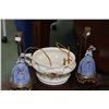 Image 2 : Mahogany corner wash stand with undershelf water basin, jug and comode and a pair of figural porcela