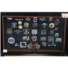 Image 3 : Collection of collectible pins including 32 count of Harley Davidson Motorcycle pins in wall mount o