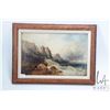 Image 1 : Antique framed oil on board painting of a figure transversing a rocky sea shore, marked on verso C. 