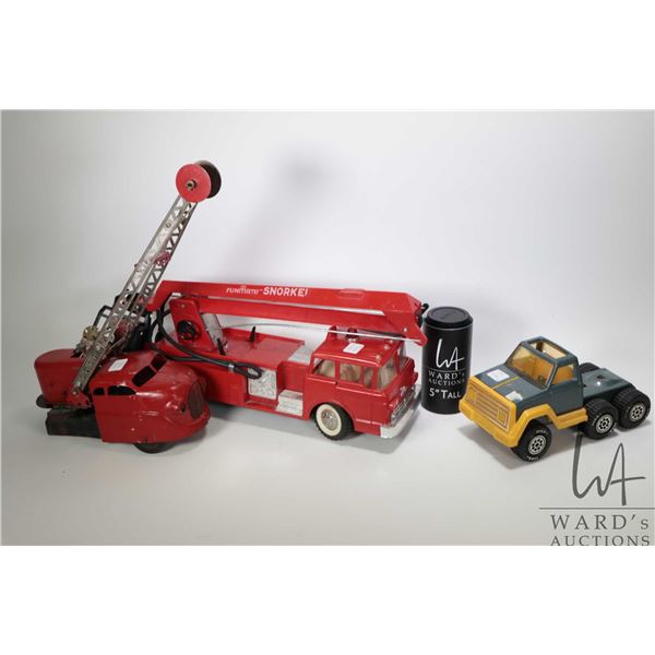 Two vintage pressed steel trucks including Wyandotte crane truck sans back wheels and a vintage Tonk