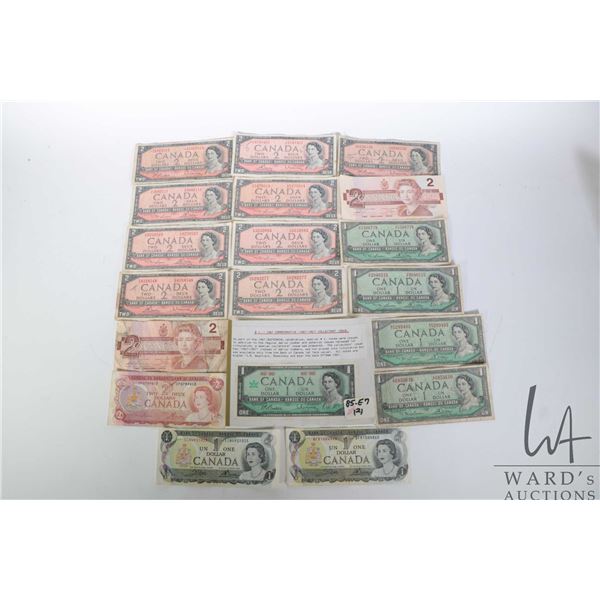 Selection of Canadian bills including 1867-1967 Commemorative dollar bill, two 1973 dollar bills, fo