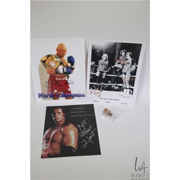 Three hand signed sports promotionals including Brett  The Hitman  Hart, The Hart Bros. signed by Br