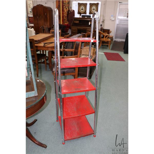 Vintage five tier chrome and red enamel gas station display stand, 57" in height