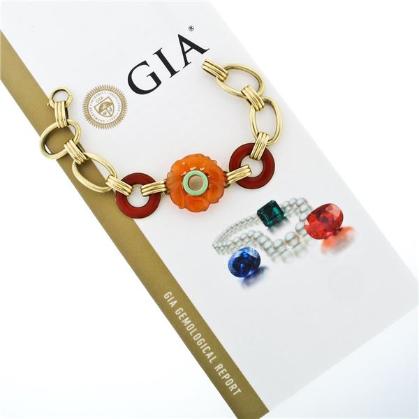 Vintage Handmade 18k Gold GIA Orange Carved Carnelian Red Green Enamel Bracelet