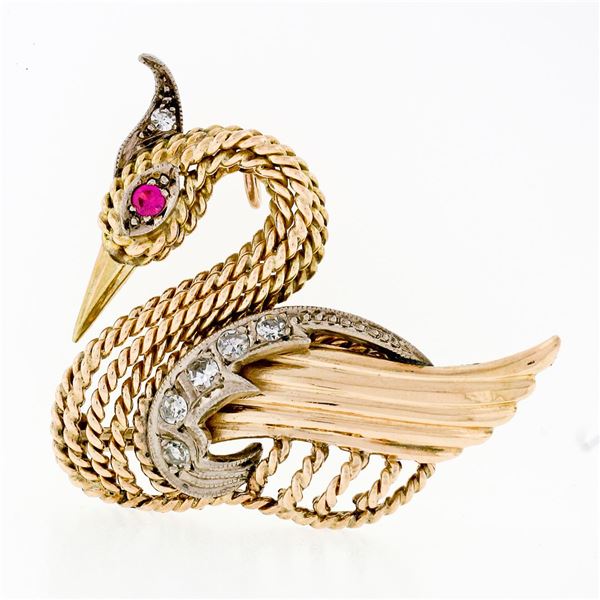 Vintage 14k Gold 0.28 ctw Round Diamond Twisted Wire Bird Swan Brooch Pin Pendan