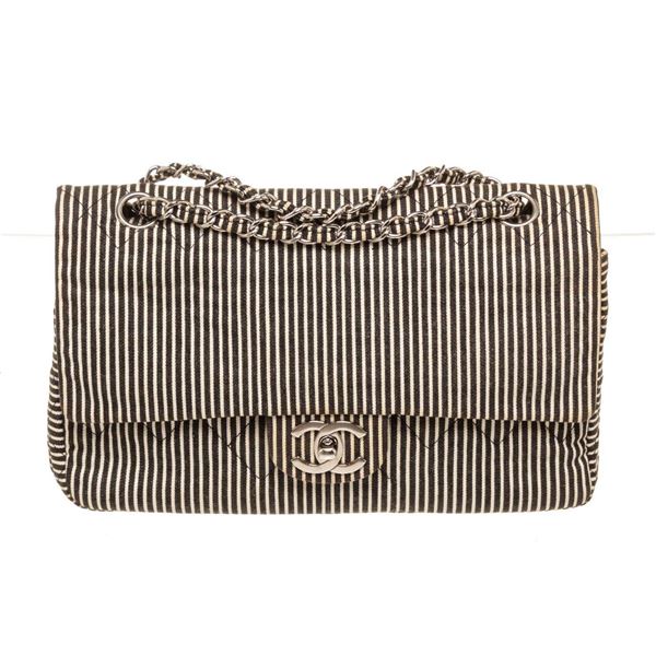Chanel Black With Canvas Stripe Double Flap Bag