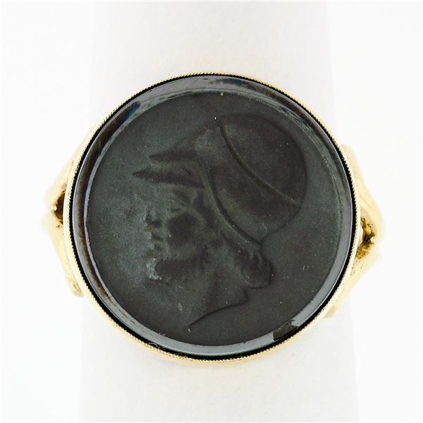Vintage 14K Yellow Gold Round Carved Hematite Intaglio Trojan Round Platter Ring