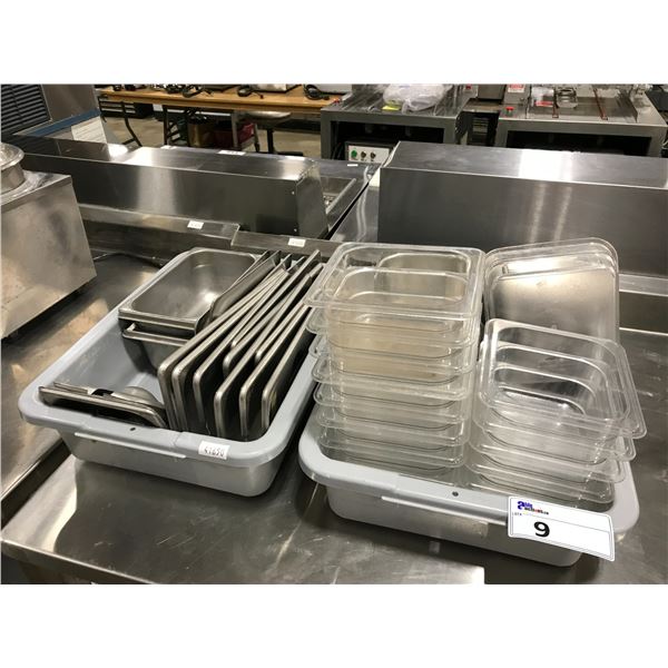 LOT OF STAINLESS AND PLASTIC FOOD CONTAINERS WITH LIDS