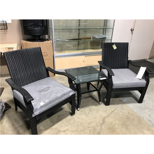 2 SUNBRELLA BLACK-GREY PATIO CHAIRS WITH MATCHING SIDE TABLE WITH GLASS