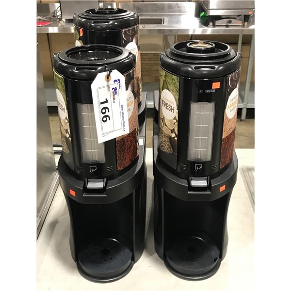 3 COMMERCIAL PUSH BUTTON COFFEE DISPENSING CARAFES & 2 DUAL HOLDING STANDS