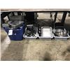 Image 1 : BIN OF STAINLESS STEEL COMMERCIAL INSERTS, BIN OF RESTAURANT COOKING UTENSILS, & 2 BINS OF BAKEWARE