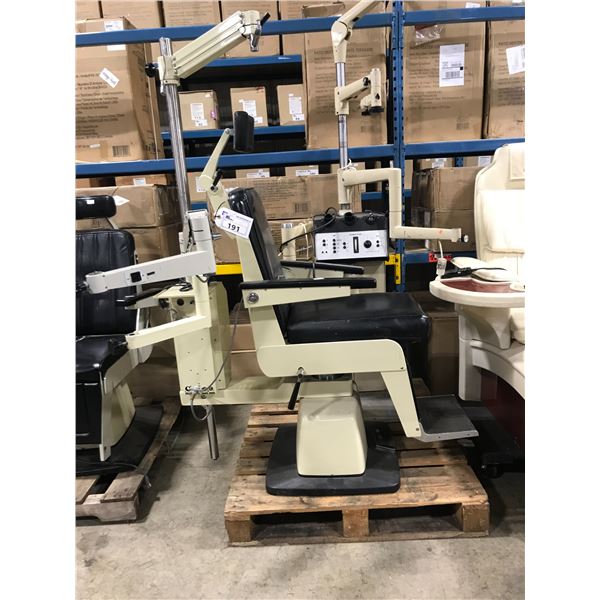 MARCO ELECTRIC ADJUSTABLE OPTOMETRY PATIENT CHAIR WITH POWERED MULTI ARM TOOL PEDESTAL,