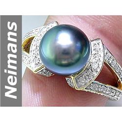 9.5 MM Black Tahitian Pearl & Diamond Ring 14kt Gold